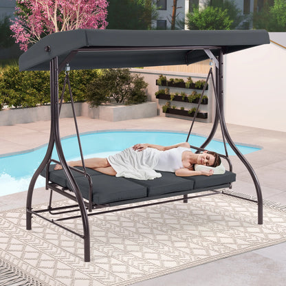 MCombo 3-Seat Outdoor Patio Swing Chair Cushioned with Adjustable Backrest and Canopy, Pillow, Brown