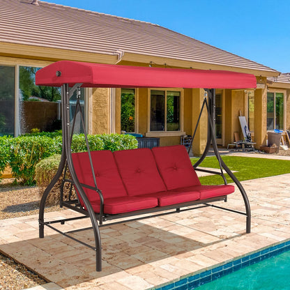Pirecart 3 Person Patio Porch Swing Outdoor Converting Swing Glider Hammock with Adjustable Canopy, Cushions, Red