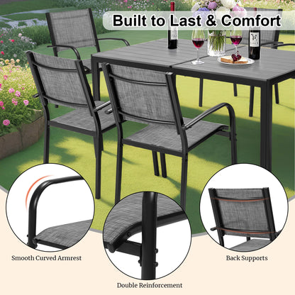 Seizeen 7-Piece Outdoor Table and Chairs, Patio Table Set with 6 Rattan Chairs, All-weather Outdoor Patio Dining Sets Rectangular Metal Table with Acacia Wood Top, Umbrella Hole, Gray