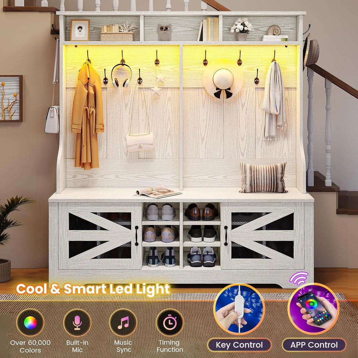 Hall Tree with Coat Rack and 16 Shoe Cubbies, 5-in-1 Entryway Bench with Bench and Shoe Storage, Barn Door & Adjustable Shelf, Embossed White