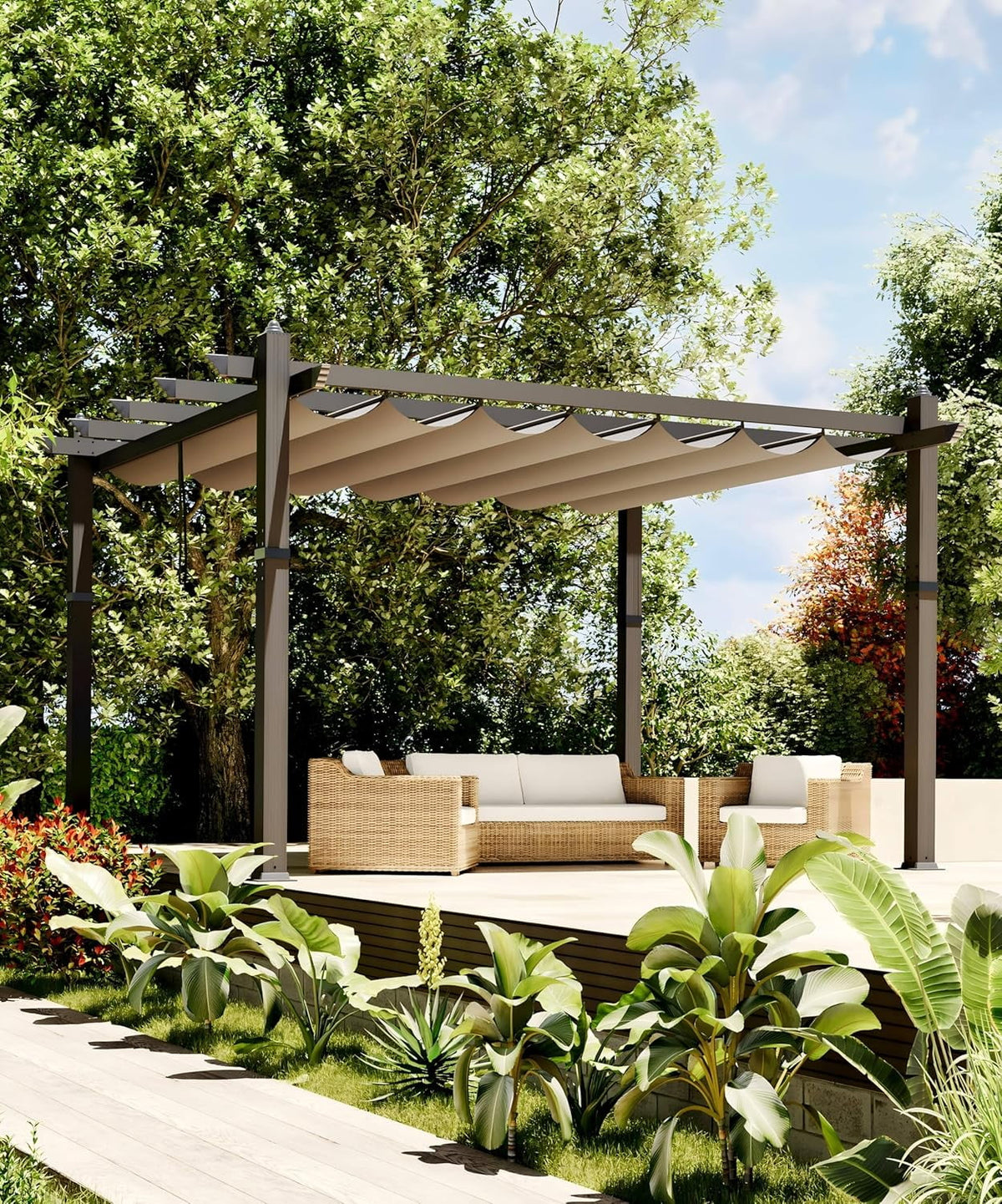 Outdoor Aluminum Pergola with Retractable Canopy, Reinforced 4-Sided Base, Waterproof & UV-Resistant Adjustable Roof, Modern Design for Patio, Deck, Backyard, and Garden