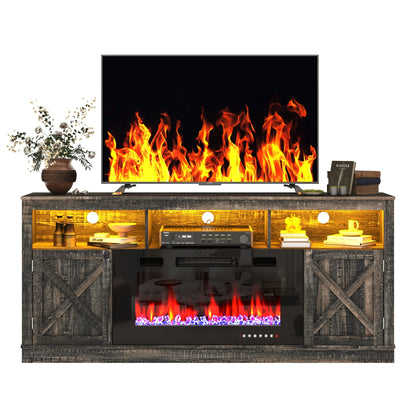 ChVans 70" Fireplace TV Stand for TVs up to 80" with 36" Electric Fireplace, Farmhouse Entertainment Center with LED, Wooden Media Console for Living Room, Bedroom