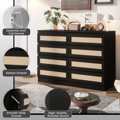 Jojoka 6-Drawers Rattan Dresser for Bedroom Chest of Drawers, TV Stand for 55" TV, Wood Top Storage Organizer Cabinet for Living Room, Entryway, Hallway, Natural