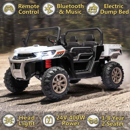 Xuanlur 24V 2 Seater Kids Ride on Car Truck, Ride on UTV W/ 2x200W Motor, 24 Volt Ride on Toys W/ Dump Bed/Shovel, Electric Car for Kids W/ Durable Tires, LED Light, Music, Remote Control, Black