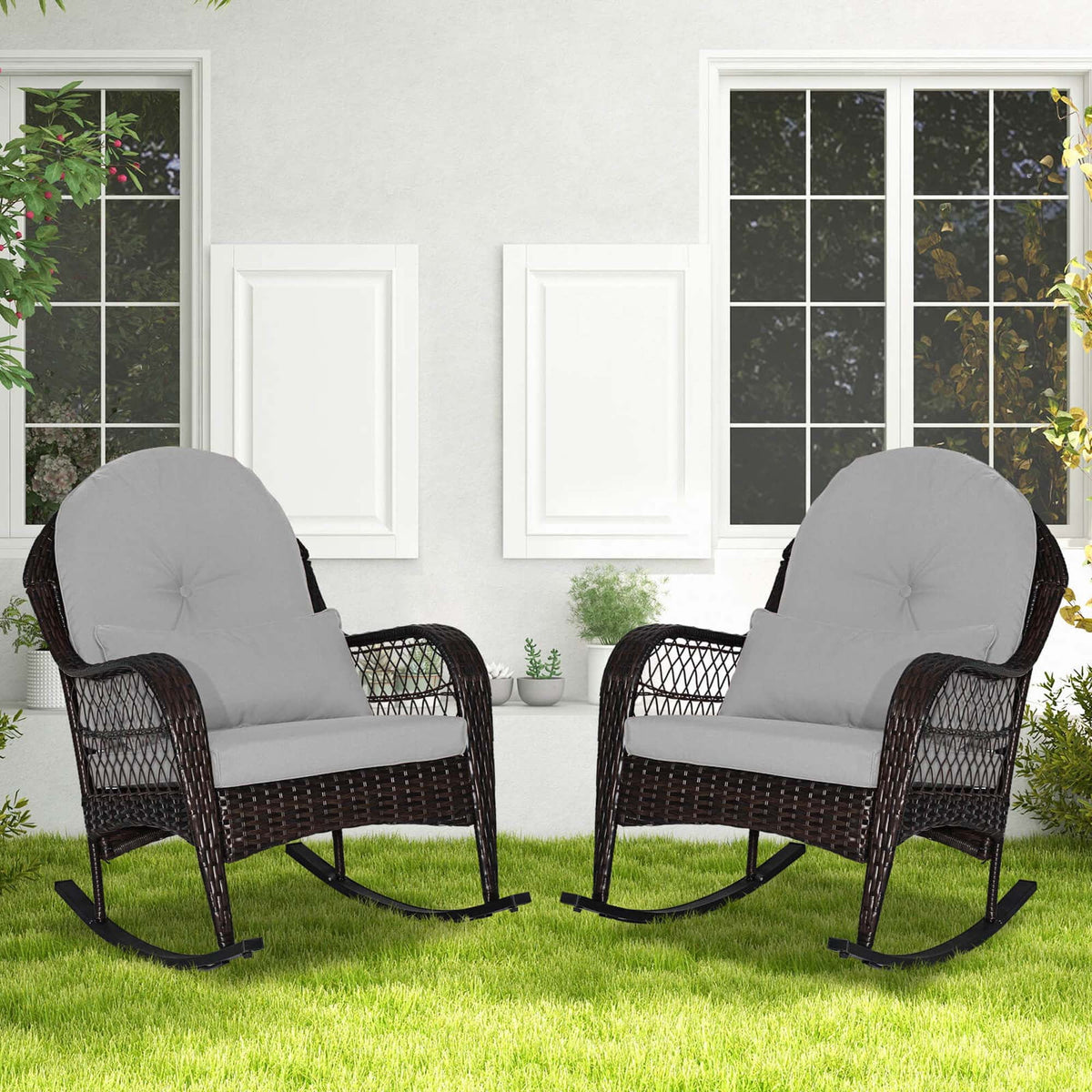Costway Patio Wicker Rocking Chair W/Seat Back Cushions & Lumbar Pillow Porch Off White