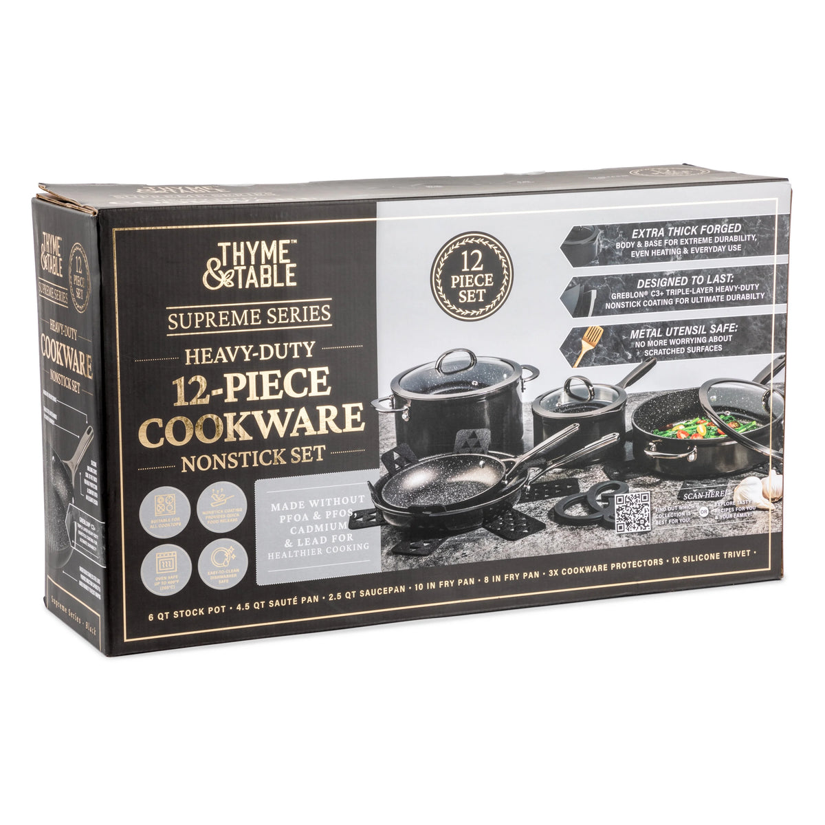 Thyme & Table 12-Piece Non-Stick Supreme Cookware Set, Pots and Pans Set - Cream