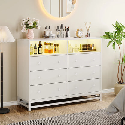 Homhougo Dresser for Bedroom 6 Drawer with LED Light & Charging Station, Wooden Dressers and Chests of Drawers with 2-Tier Open Shelves, Wide Dresser Organizer for Living Room Hallway Entryway, Pink
