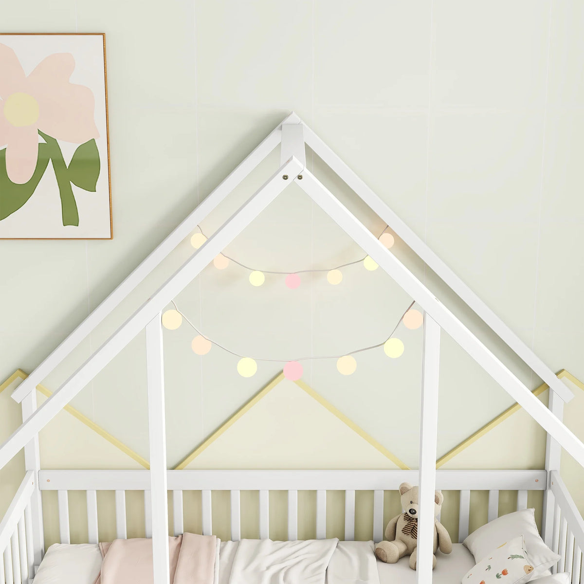 Bellemave Twin Size Floor Bed Frame, Wooden House Bed Twin Size with Fence, Montessori Bed with Guardrails for Bedroom (White)