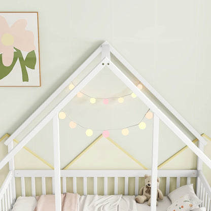 Bellemave Twin Size Floor Bed Frame, Wooden House Bed Twin Size with Fence, Montessori Bed with Guardrails for Bedroom (White)