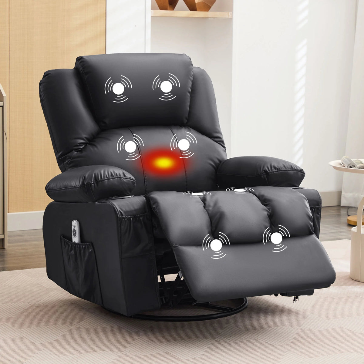 JONPONY Manual Recliner Chair with Heat Therapy and Massage Function, Heavy Duty Reclining Mechanism Massage Chair, Elderly Single Rocker Sofa with Cup Holders for Bedroom Home Theater,Black