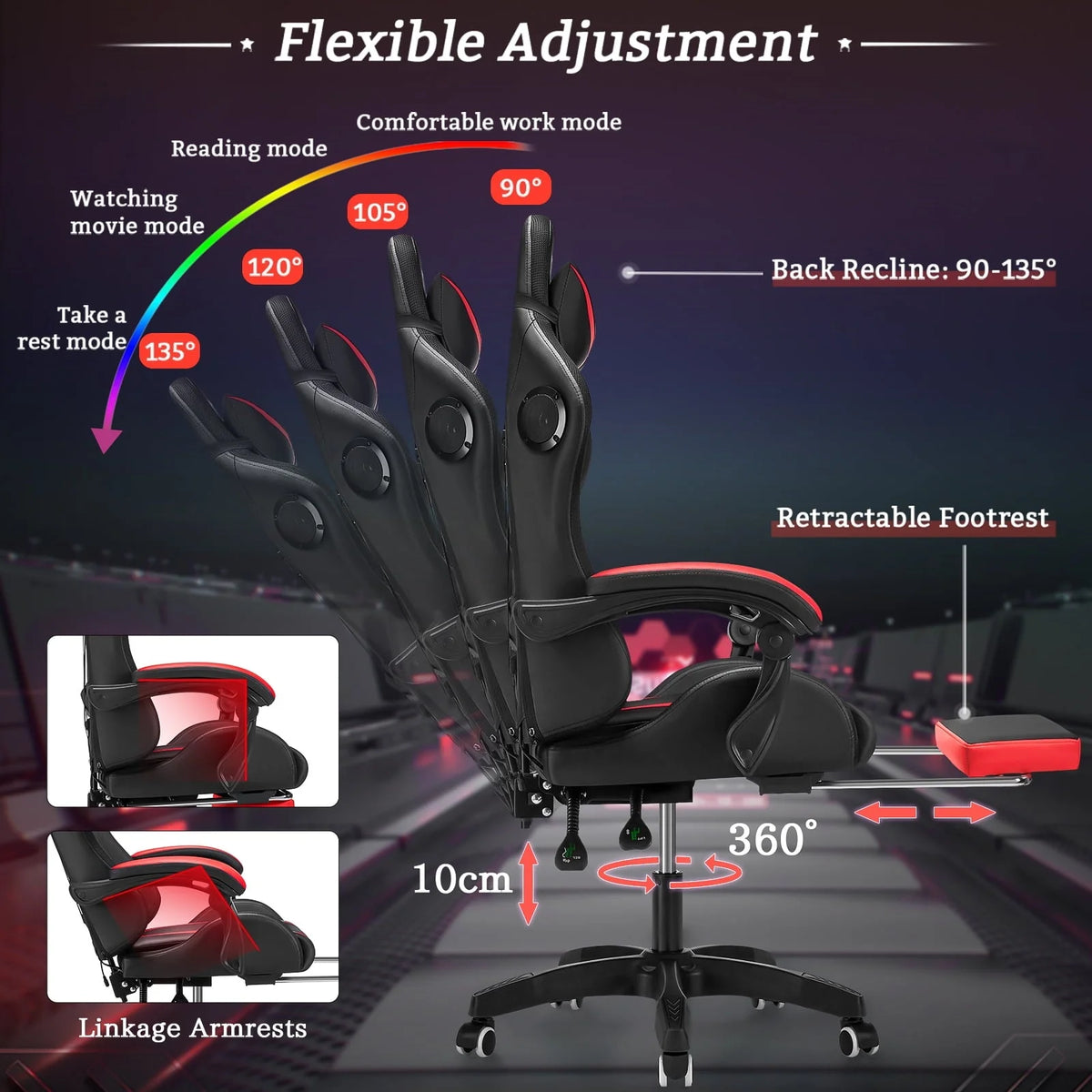 Hoffree Gaming Chair with Bluetooth Speakers Office Chair with Footrest and LED Lights Ergonomic Gaming Chairs High Back with Lumbar Support and Headrest Adjustable Swivel for Home Office 300lb