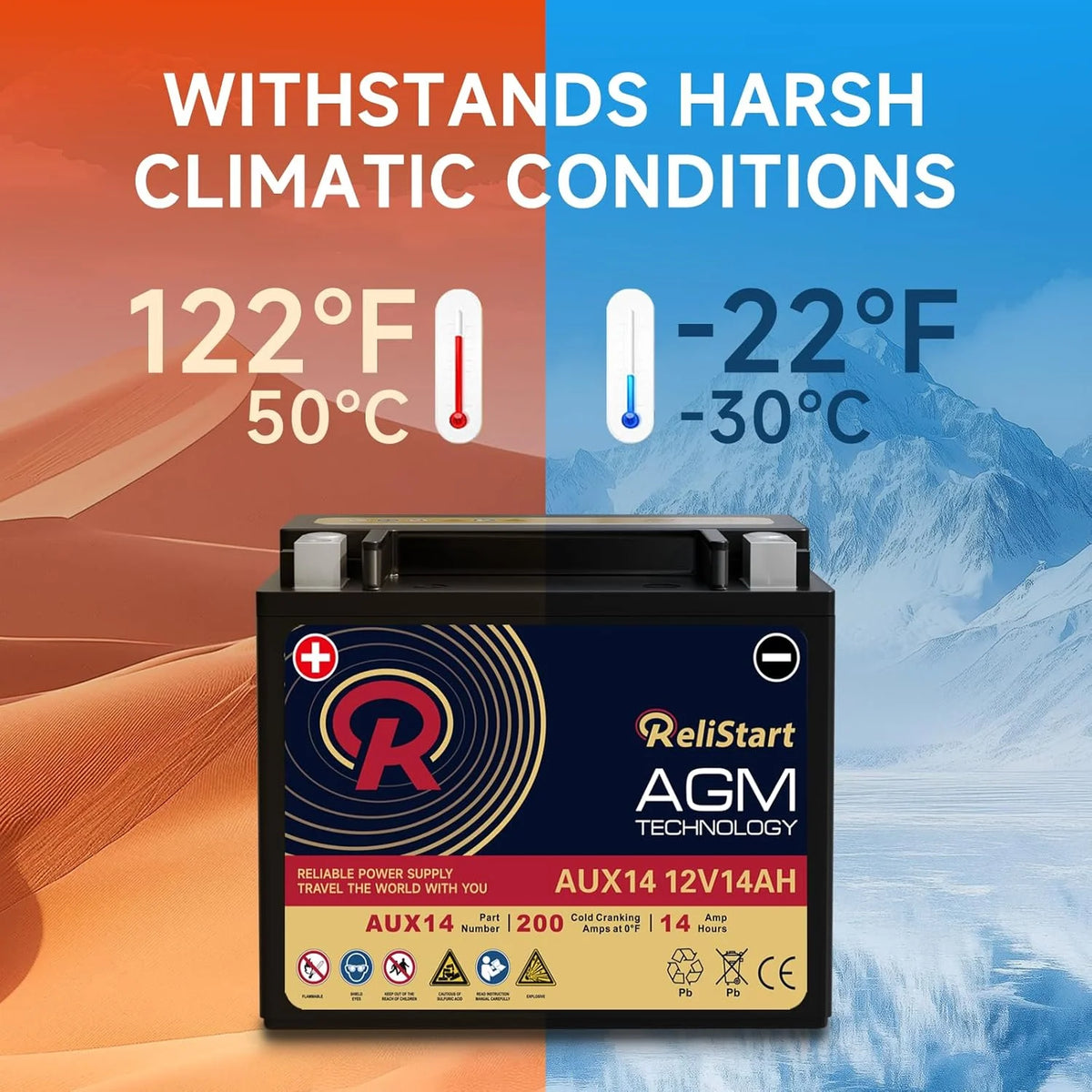 Relistart AUX14 Auxiliary Battery, 12V 14Ah AGM Battery, 200CCA, Rechargeable AGM Car Battery, Maintenance Free 36 Months Warranty