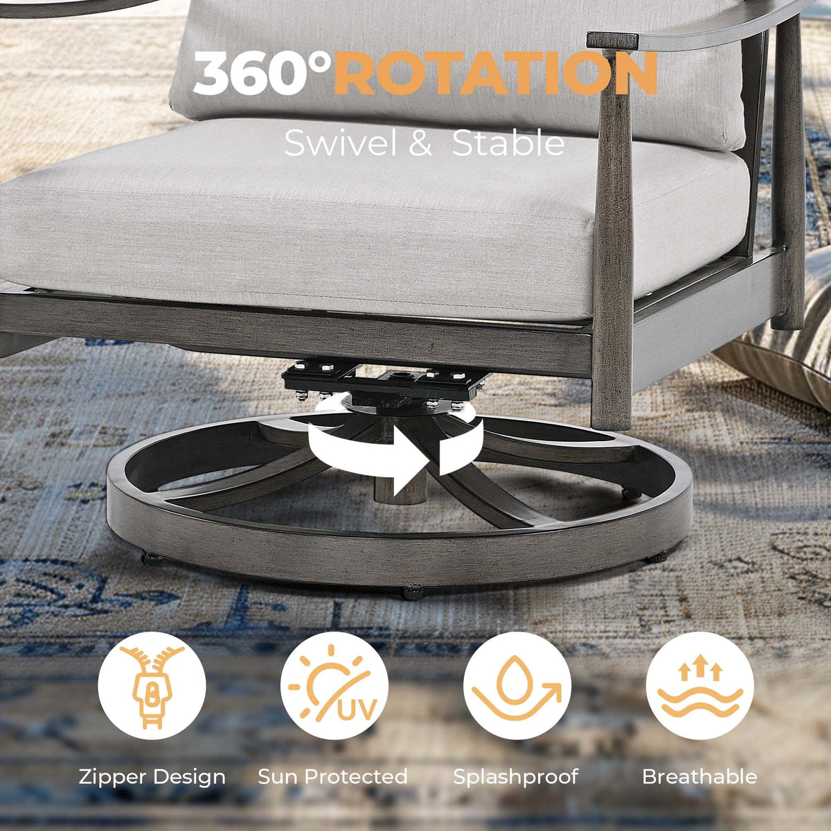 HAPPATIO Aluminum Outdoor Furniture Set - 5 Pieces Patio Furniture Set Includes 1 Side Table, 2 Swivel Chairs and 2 Ottomans with Thick Cushion, Patio Conversation Set for Backyard Poolside (Grey)