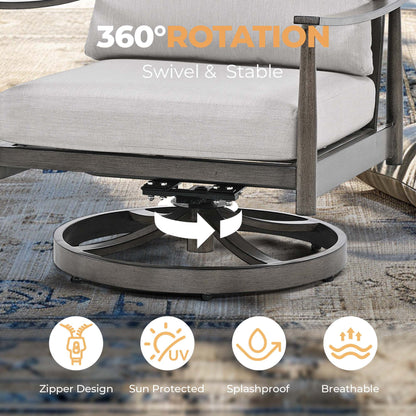 HAPPATIO Aluminum Outdoor Furniture Set - 5 Pieces Patio Furniture Set Includes 1 Side Table, 2 Swivel Chairs and 2 Ottomans with Thick Cushion, Patio Conversation Set for Backyard Poolside (Grey)
