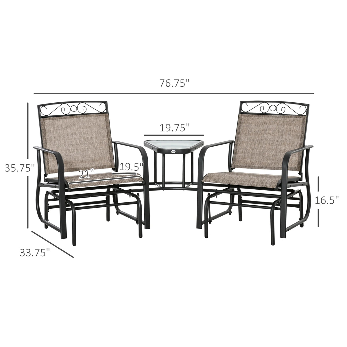 Outsunny Outdoor Glider Chairs with Coffee Table, Patio 2-Seat Rocking Chair Swing with Breathable Sling for Backyard, Garden and Porch, Black