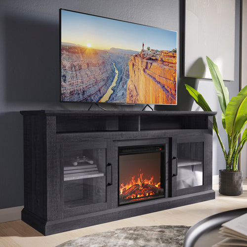 BELLEZE 60" TV Stand with 18" Electric Fireplace, Traditional TV Stand for TVs up to 65", Modern Media Entertainment Center Console Table with Open Storage Shelves & Cabinets - Cayman (Rustic Grey)