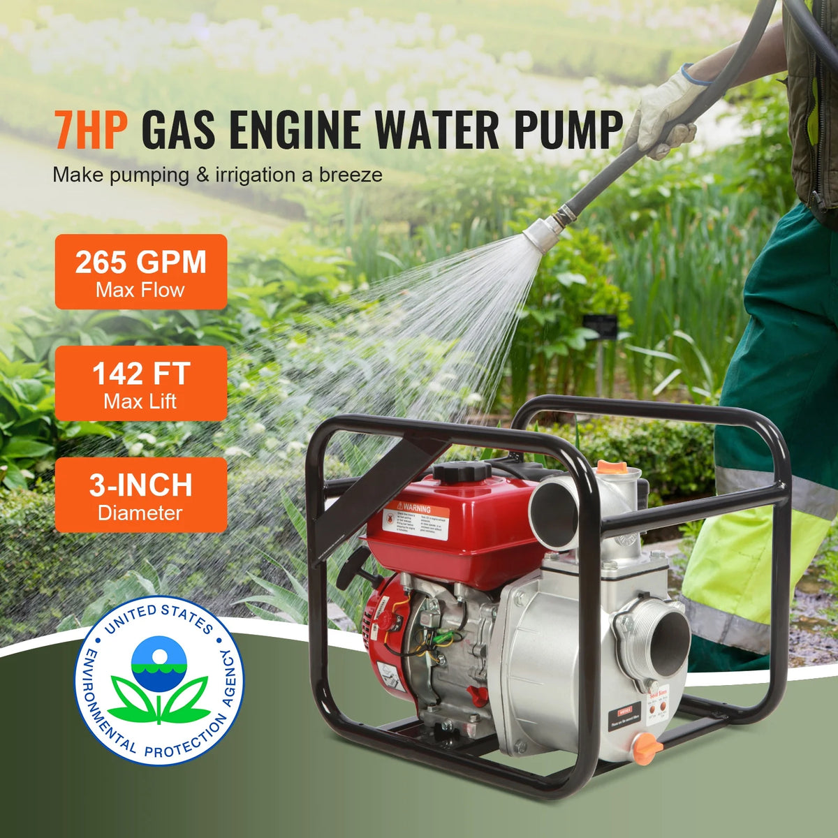 BENTISM 3" 7HP 4-Stroke Gasoline Engine Water Pump Gas Powered Water Transfer Pump