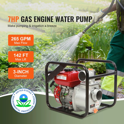 BENTISM 3" 7HP 4-Stroke Gasoline Engine Water Pump Gas Powered Water Transfer Pump