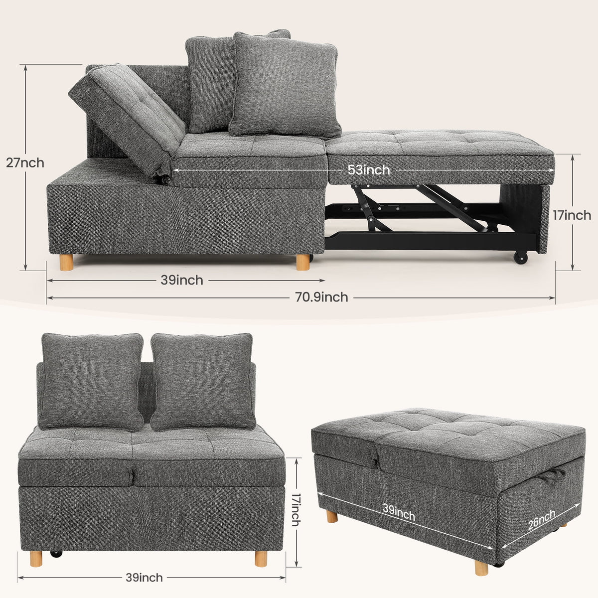 SEJOV 4-in-1 Convertible Sleeper Chair Bed, Linen Sofa Bed for Small Space, Futon Sofa with 2 Throw Pillows for Living Room, Single Recliner with 5 Adjustable Backrest for Bedroom Apartment, Brown