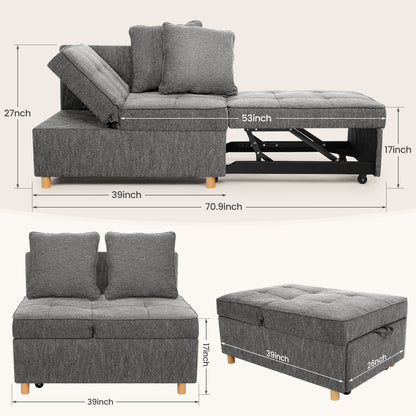 SEJOV 4-in-1 Convertible Sleeper Chair Bed, Linen Sofa Bed for Small Space, Futon Sofa with 2 Throw Pillows for Living Room, Single Recliner with 5 Adjustable Backrest for Bedroom Apartment, Brown