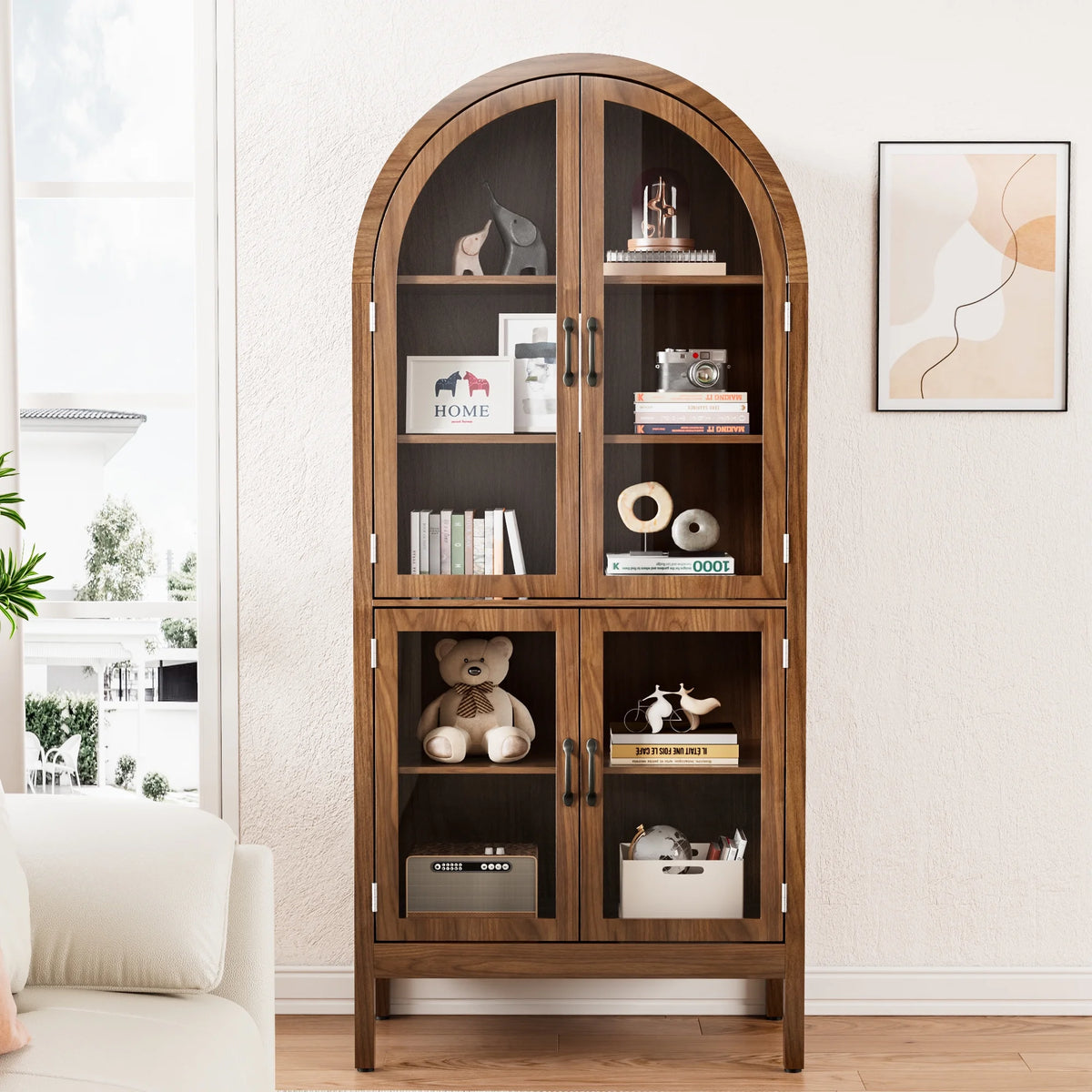 Tall Arched Storage Display Cabinet 5-Shelf with Acrylic Glass Doors, Kitchen Pantry Storage Cabinet Accent Cabinet Bookcase for Living Dining Room