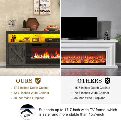 ChVans 70" Fireplace TV Stand for TVs up to 80" with 36" Electric Fireplace, Farmhouse Entertainment Center with LED, Wooden Media Console for Living Room, Bedroom