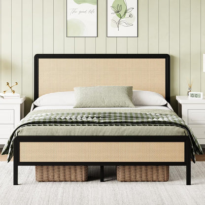 4 EVER WINNER Queen Size Bed Frame, Rattan Bed Frame with Natural Rattan Headboard and Footboard, No Box Spring Needed, Black