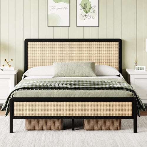 4 EVER WINNER Queen Size Bed Frame, Rattan Bed Frame with Natural Rattan Headboard and Footboard, No Box Spring Needed, Black