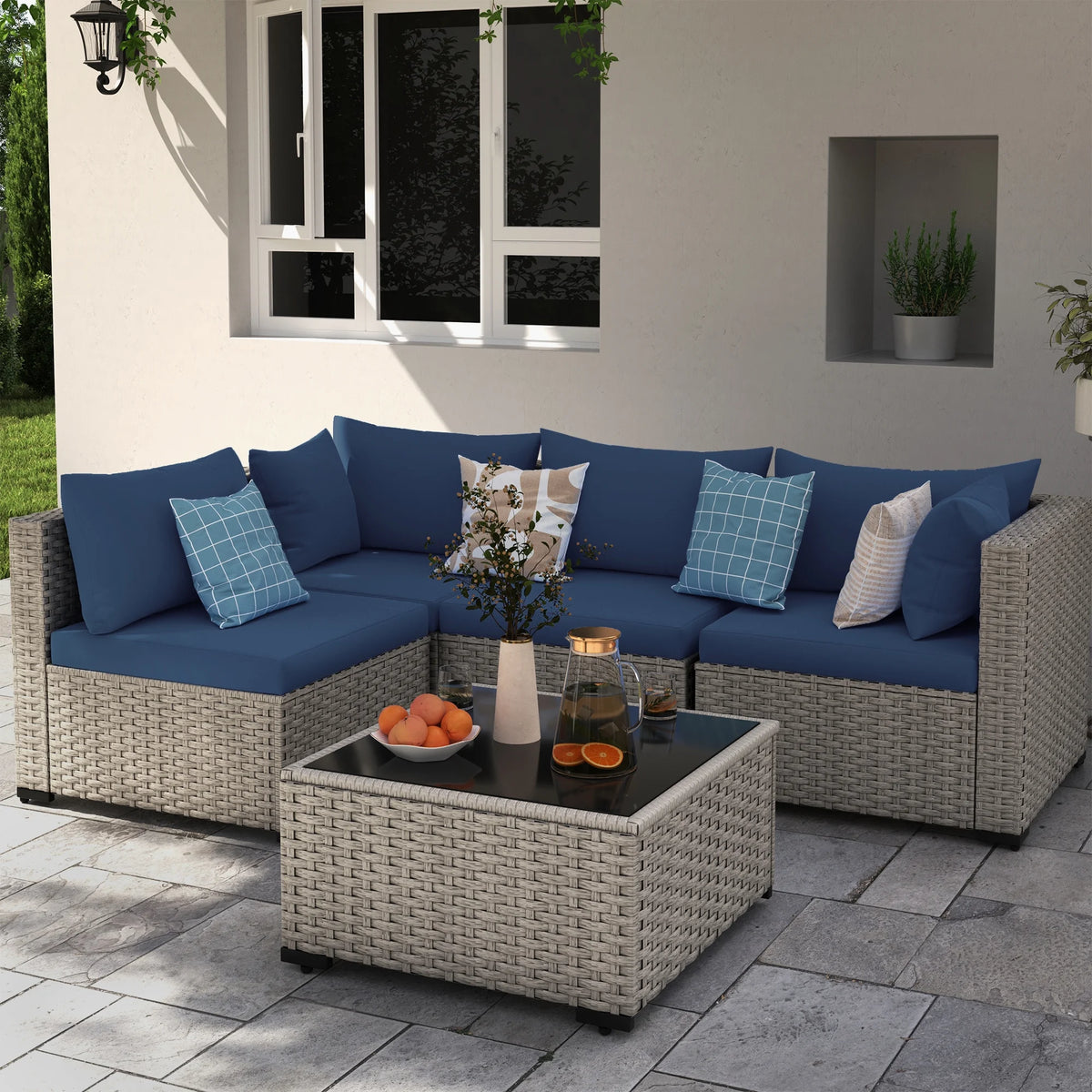 7 Pieces Patio Conversation Set, Outdoor Sectional PE Rattan Wicker Furniture Seat,Dark Gray