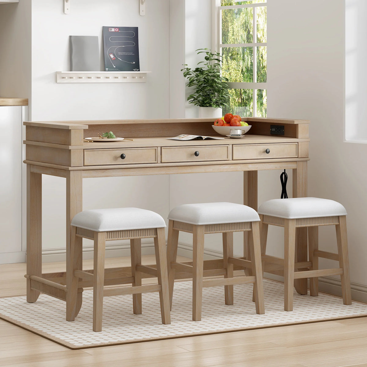 Harper & Bright Designs 4 Piece Bar Table Set for 4, Kitchen Dining Stools Set with 3 Upholstered Stools with 3 Drawers and USB Port, Gray