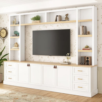 Euroco 102.3"W Farmhouse 4-Piece Entertainment Center Wall Unit with Adjustable Shelf, Modern Large TV Stand with Bookshelves