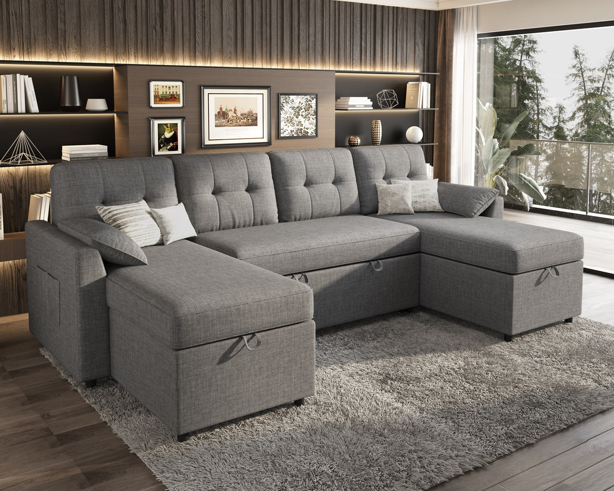 VANACC Sectional Sofa Bed with Storage and Soft Seat ,Reversible Pull Out Couch for Living Room,Beige