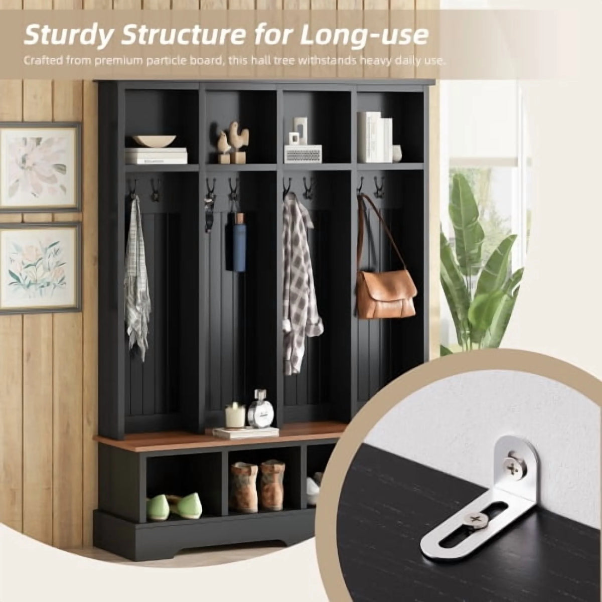 Farmhouse Hall Tree with Bench, 59" Wide Entryway Organizer with 8 Hooks & Storage Compartments, Modern Coat Rack & Shoe Bench for Mudroom,White