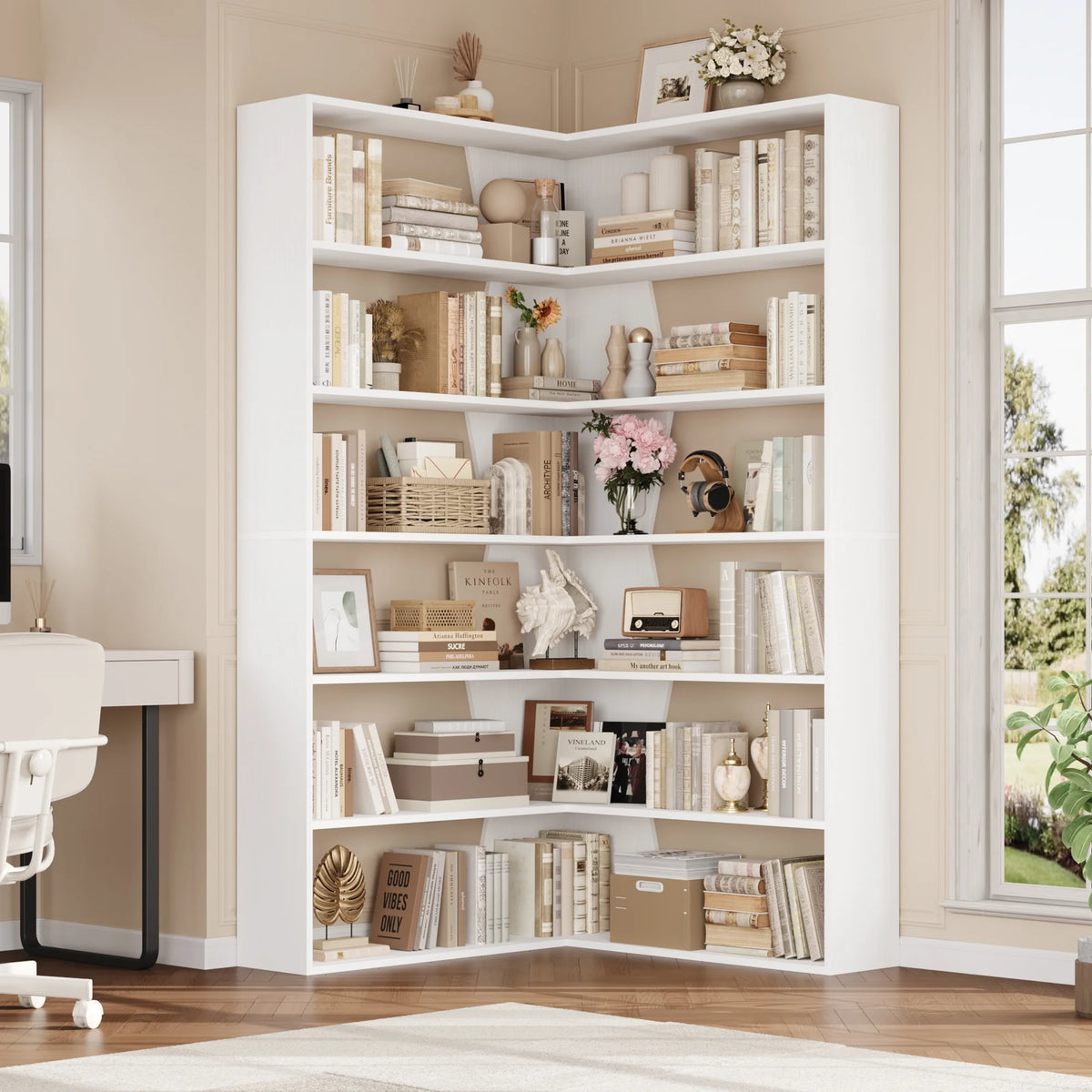 Homfa 6-Tier Corner Bookcase, L-Shaped Bookshelf with Baffle, Storage Display Rack for Office Living Room, Gray