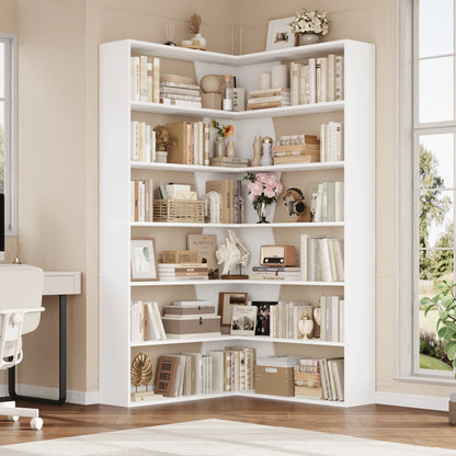 Homfa 6-Tier Corner Bookcase, L-Shaped Bookshelf with Baffle, Storage Display Rack for Office Living Room, Gray