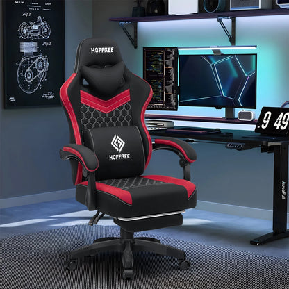 Hoffree Gaming Chair with Massage Fabric Office Chair with footrest for Adults, Ergonomic Gamer Chair with Headrest and Lumbar Support for Office Gaming, 440 LBS