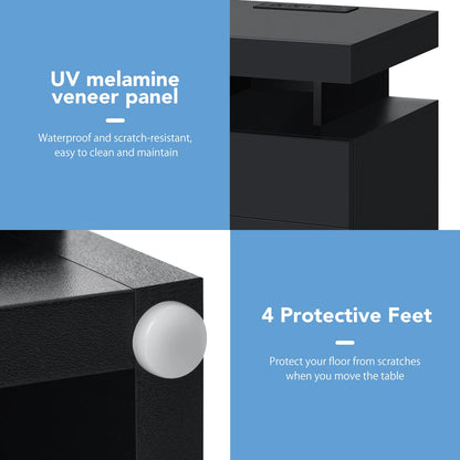 Hommpa LED Nightstand Wireless Charging Station USB Type C Outlets Bedside Table 3 Drawers Black Night Table Modern Smart Nightstand High Gloss End Side Table for Bedroom Furniture 26.8" Tall