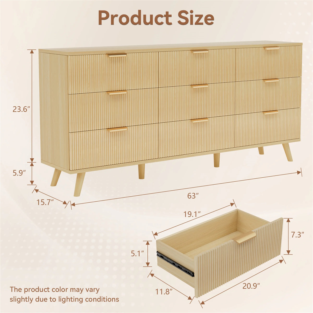 Yeahumalia Boho Fluted 9 Drawers Dresser, Wooden Chests of Drawers for Bedroom, Living Room, Entryway, Nature Wood Color