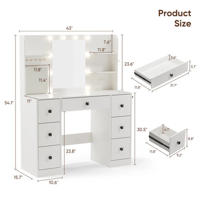 Cottinch Vanity Desk 3 Color Lighted Mirror,Makeup Dressing Table with 4 Drawers and Storage Shelves,2 Outlets,2 USB Ports,White