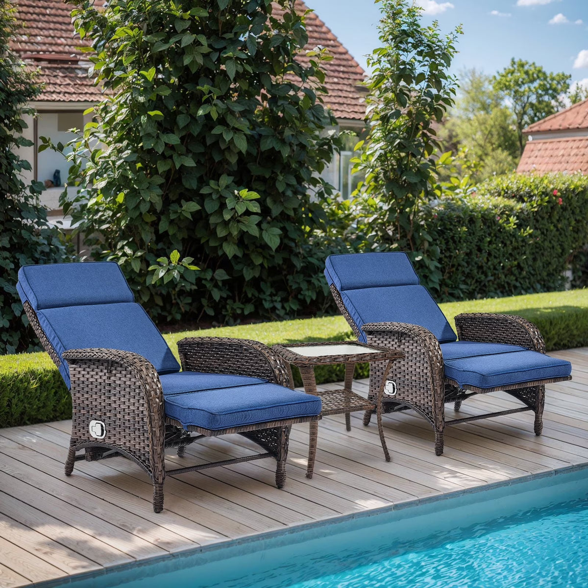 OPOHORO Outdoor Recliner Chair, Adjustable Reclining Patio Chair with Cushion, Wicker Outdoor Chaise Lounge with Adjustable Backrest and Footrest, Ideal for Pool Deck, Beige