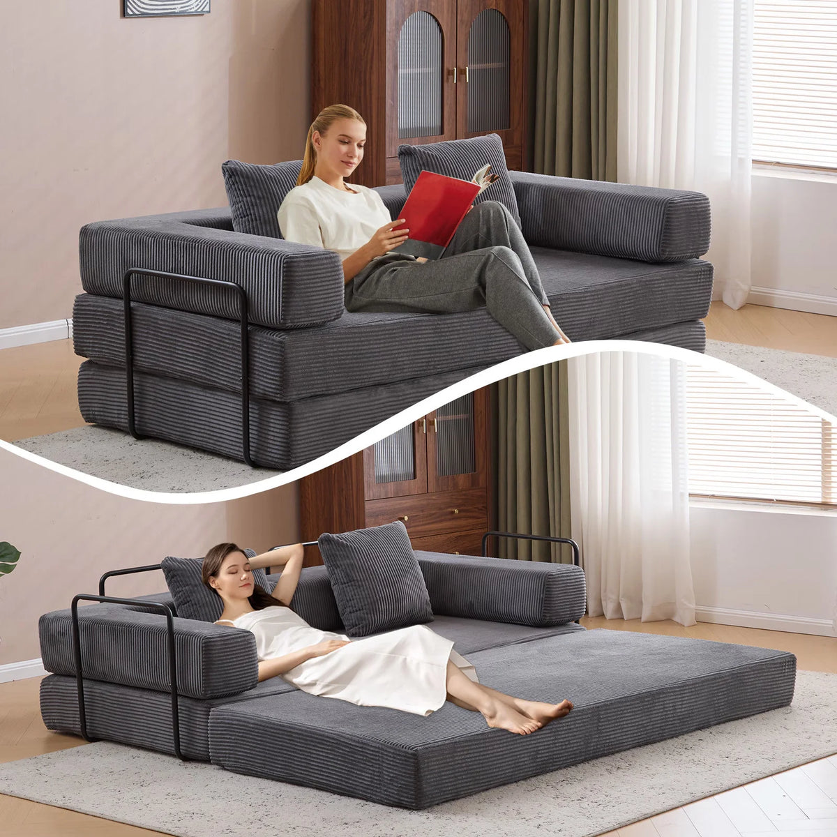 Taicans ?Convertible Floor Sofa Bed - 3 Seats Foldable Corduroy Futon Couch w/Pillow Support,Space-Saving Guest Bed for Living Room,Dorm,No Assembly Compressible Foam Mattress (Gray,76.7Inch L)