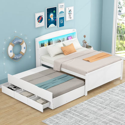 Euroco Wood Twin Size Platform Bed with Storage Headboard, Drawers Trundle and LED Light, White