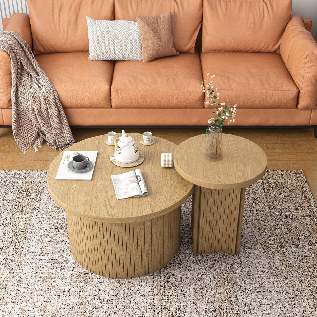 Nesting Coffee Table Set of 2, Wooden Round Coffee Table, Modern Circle Side Table, Accent End Side Table for Living Room, Office, Balcony