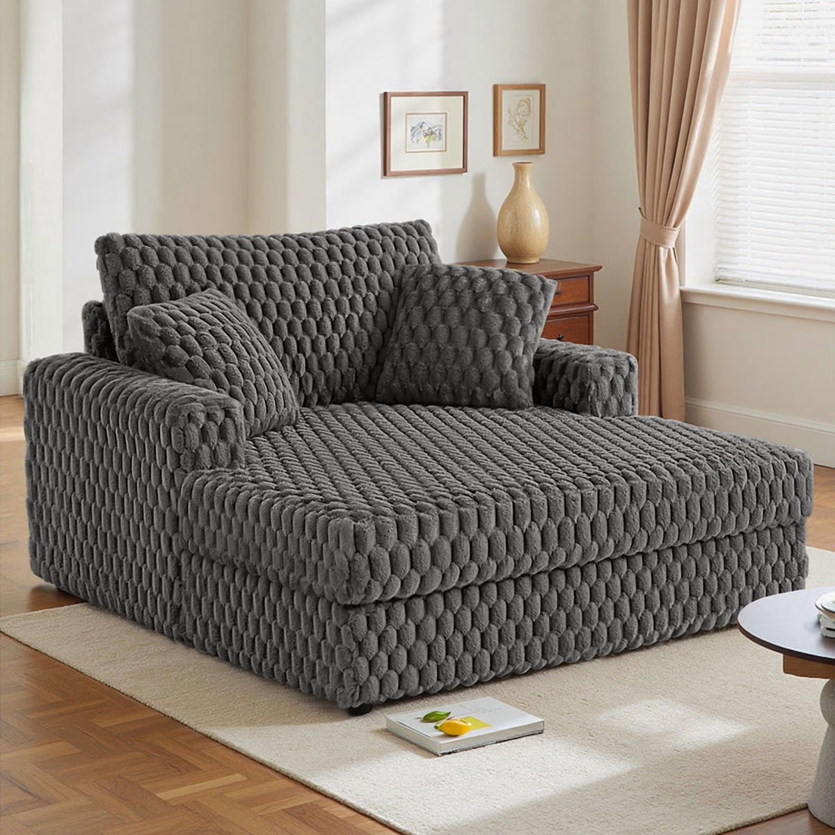 ATHOPE 53"W Oversized Chaise Lounge Chair Indoor, Corduroy Couch Chair with Pillows, Comfy Reading Chairs with Wide Arms, Upholstered Sleeper Sofa for Living Room, No Assembly Required, Gray