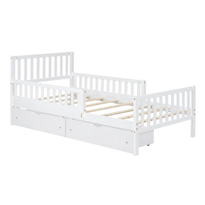 Bellemave Twin Bed with Storage Drawers and Fence Rails, Wood Platform Beds Frame with Headboard, Twin Size Storage Bed for Kids Boys Girls Teens��White)