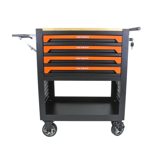 Roromall Rolling Tool Cart with Wooden Top 4 Drawers Foldable Side Panel Multi-Function Tool Chest for Garage Workshop Tool Organizer