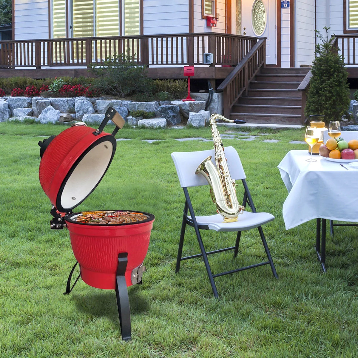 13in Ceramic Charcoal Kamado Grill with Heavy Duty Heat-Resistant Walls, 50-800��F Temp Control, for Backyard Grilling, Smoking, Baking, Orange