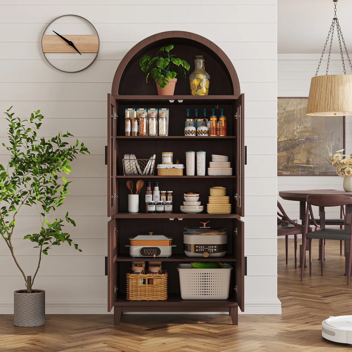 VEANERWOOD 71" Tall Arch Cabinet, Wood Fluted Kitchen Kitchen Storage Cabinet with 4 Doors and 6 Shelves for Dining Room Living Room