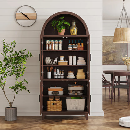 VEANERWOOD 71" Tall Arch Cabinet, Wood Fluted Kitchen Kitchen Storage Cabinet with 4 Doors and 6 Shelves for Dining Room Living Room