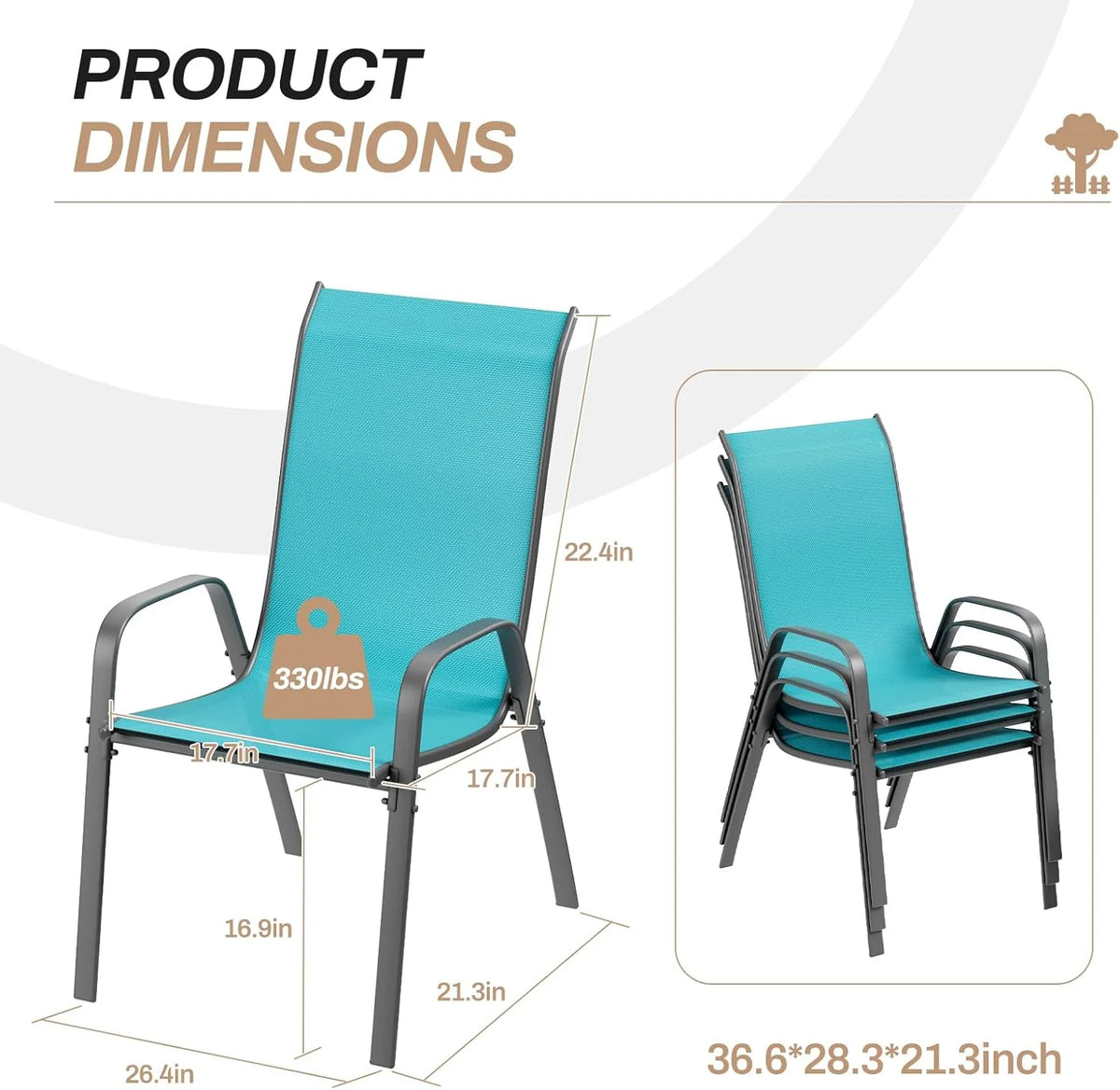 Pirecart Set of 4 Patio Dining Chairs, Textilene Outdoor Stacking Chairs for Poolside, Backyard, Garden